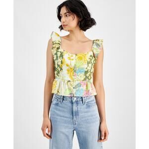 GUESS Carine Floral-Print Peplum Sleeveless Top Yellow NWT Size Medium